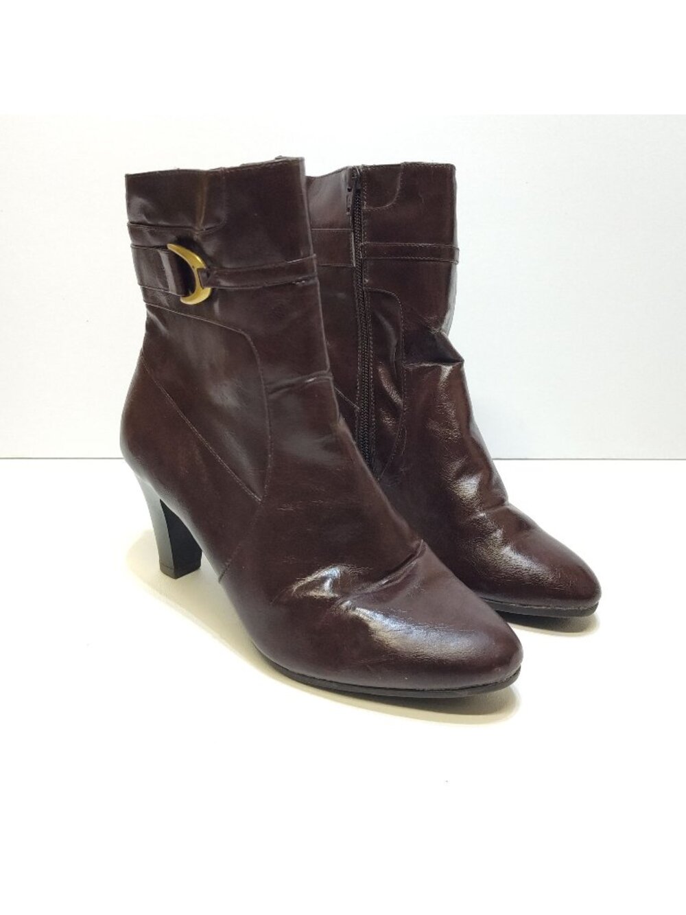 LifeStride Yale Brown Faux Leather Ankle Boots Womens Size 9W Cone Heel Dressy